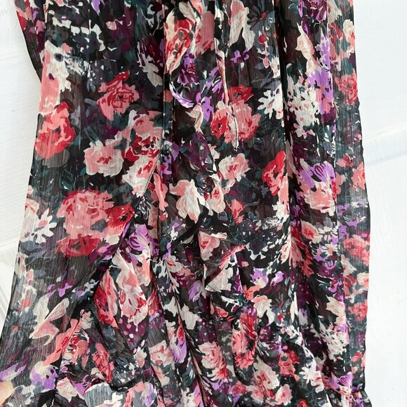 Forever 21 Babydoll Dress M Sheer Ruffles Asymmetric Dark Floral Fairy Cottageco - Picture 4 of 13